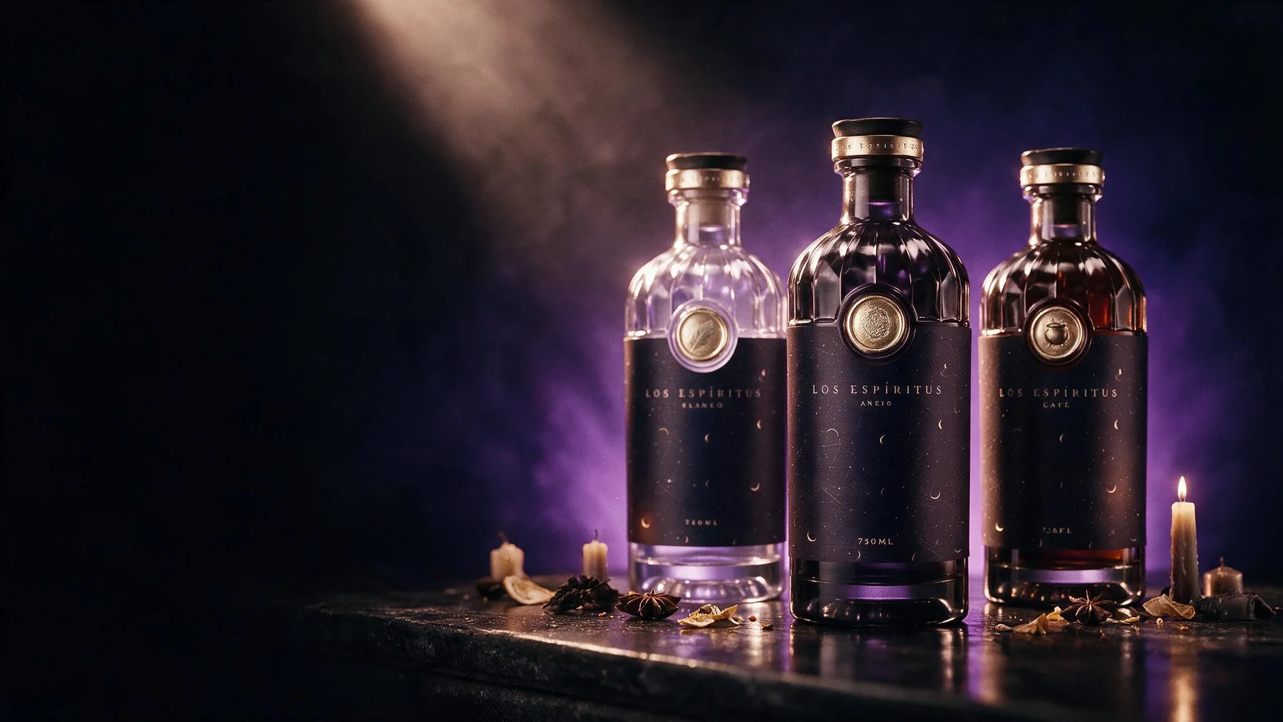 The three Los Espiritus expressions together: Blanco, Anejo and Cafe