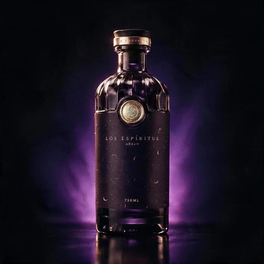 Los Espíritus Añejo bottle, matte void-purple glass with gold medallion