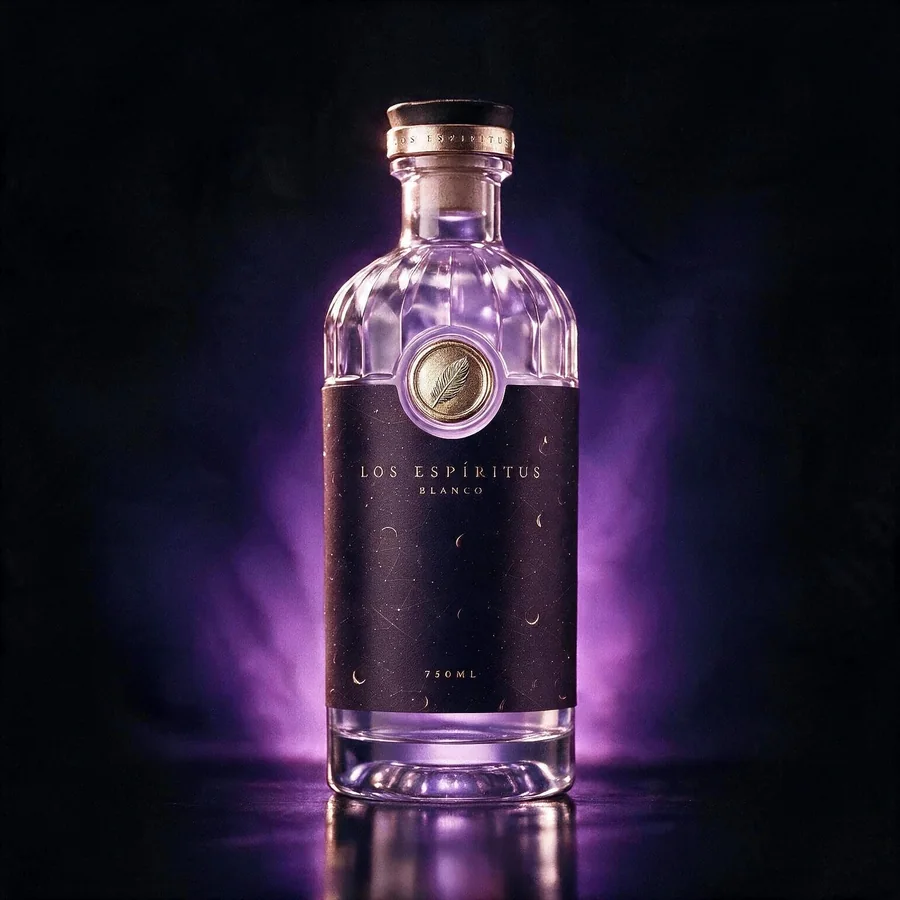Los Espíritus Blanco bottle, clear crystal glass with gold feather medallion