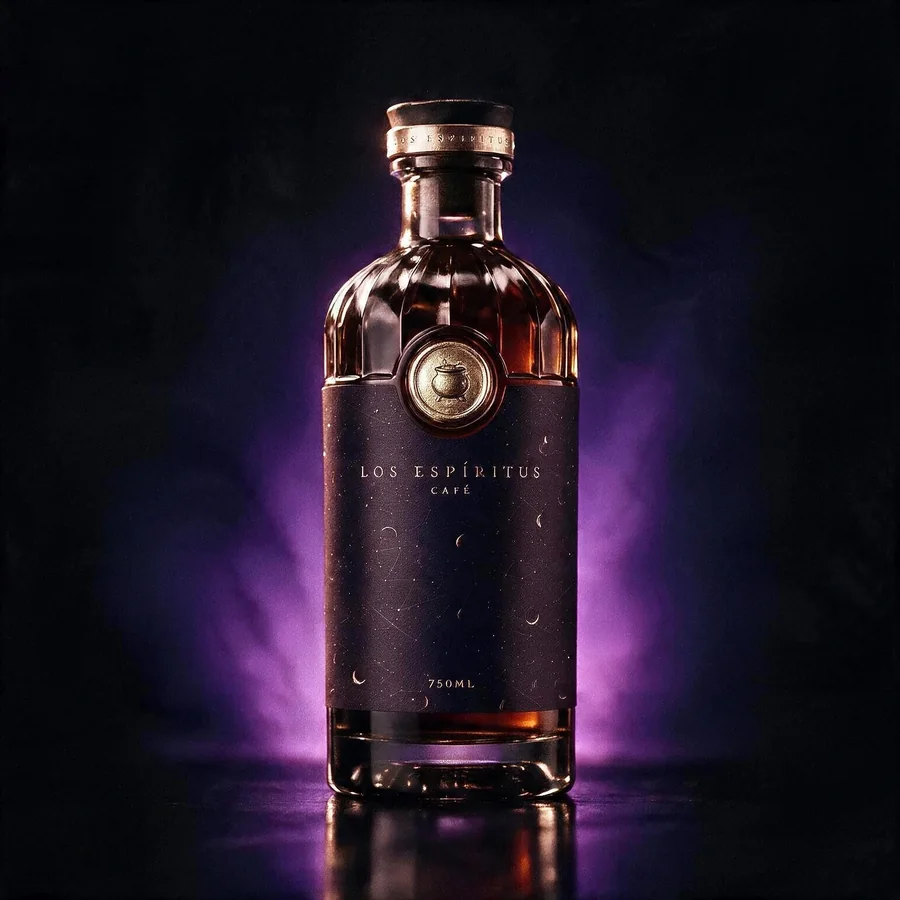 Los Espíritus Café bottle, dark rum-brown glass with gold cauldron medallion