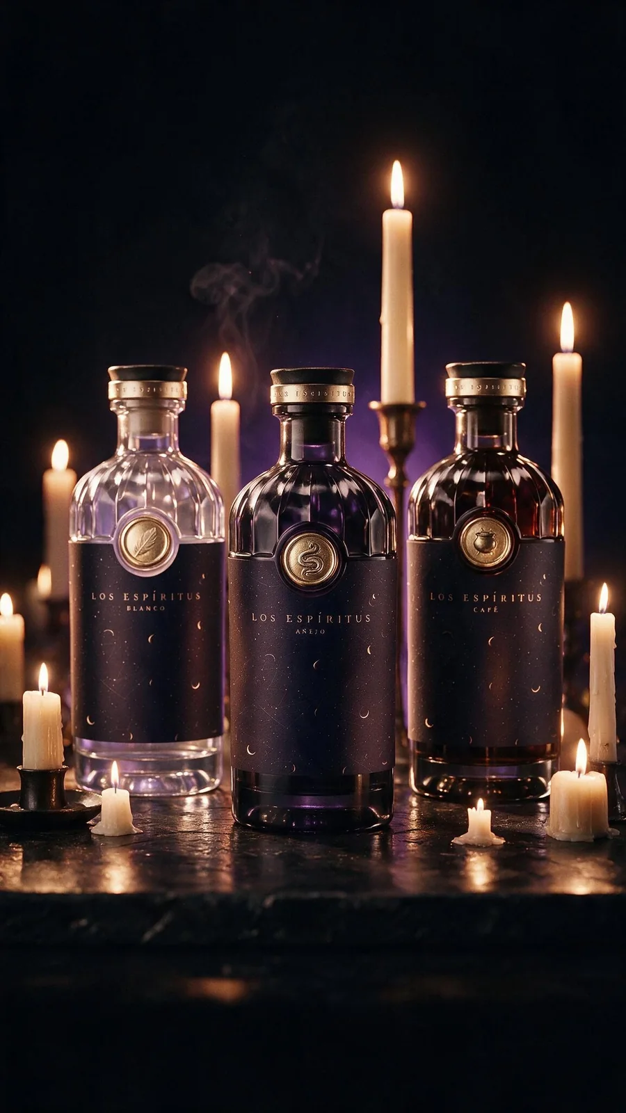 The three Los Espíritus expressions together, lit by candlelight