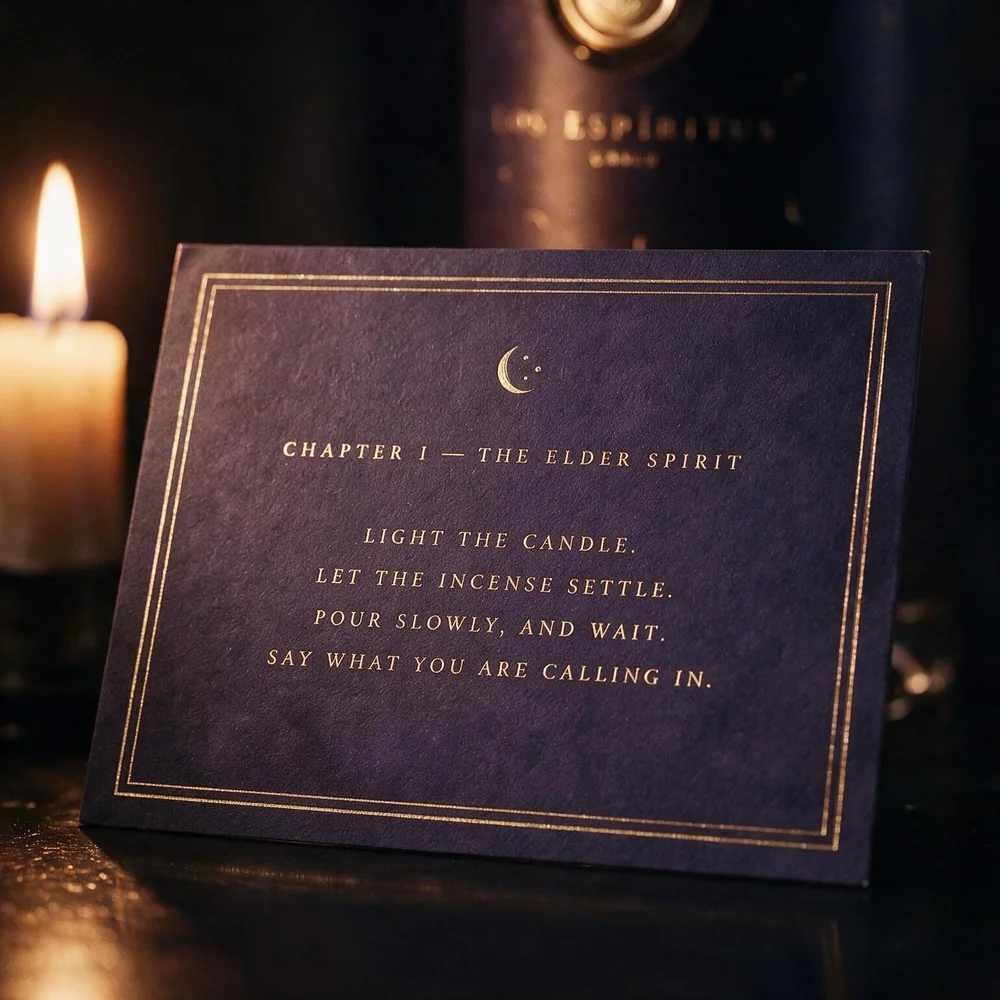 Los Espíritus ritual card beside a lit candle