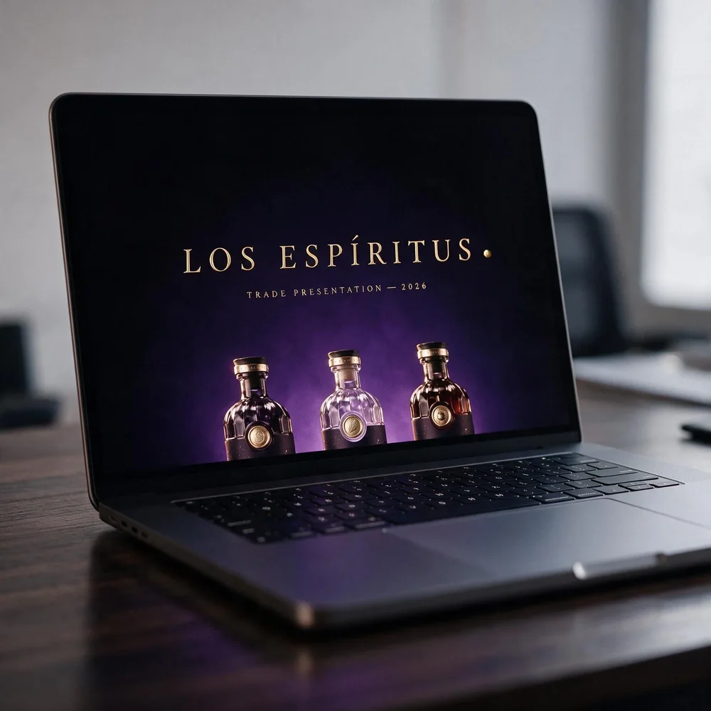 Los Espíritus trade presentation on a laptop